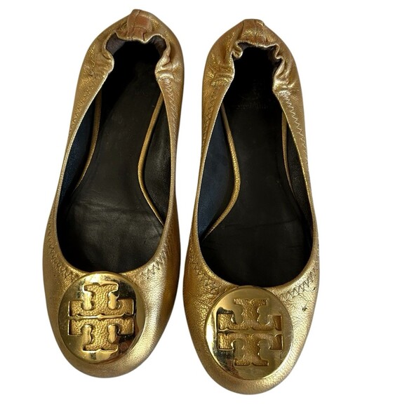 Tory Burch Distressed Leather Reva Gold Ballet Flat Slip On Shoes Womens Sz 6.5 - Picture 6 of 16